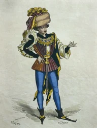 Młody elegancki mężczyzna w 1480 r., ilustracja z „Costumes de Paris a travers les siecles” H. Gourdona de Genouillac, sztychowana przez Stabla (XIX w.) (kolorystyka)
